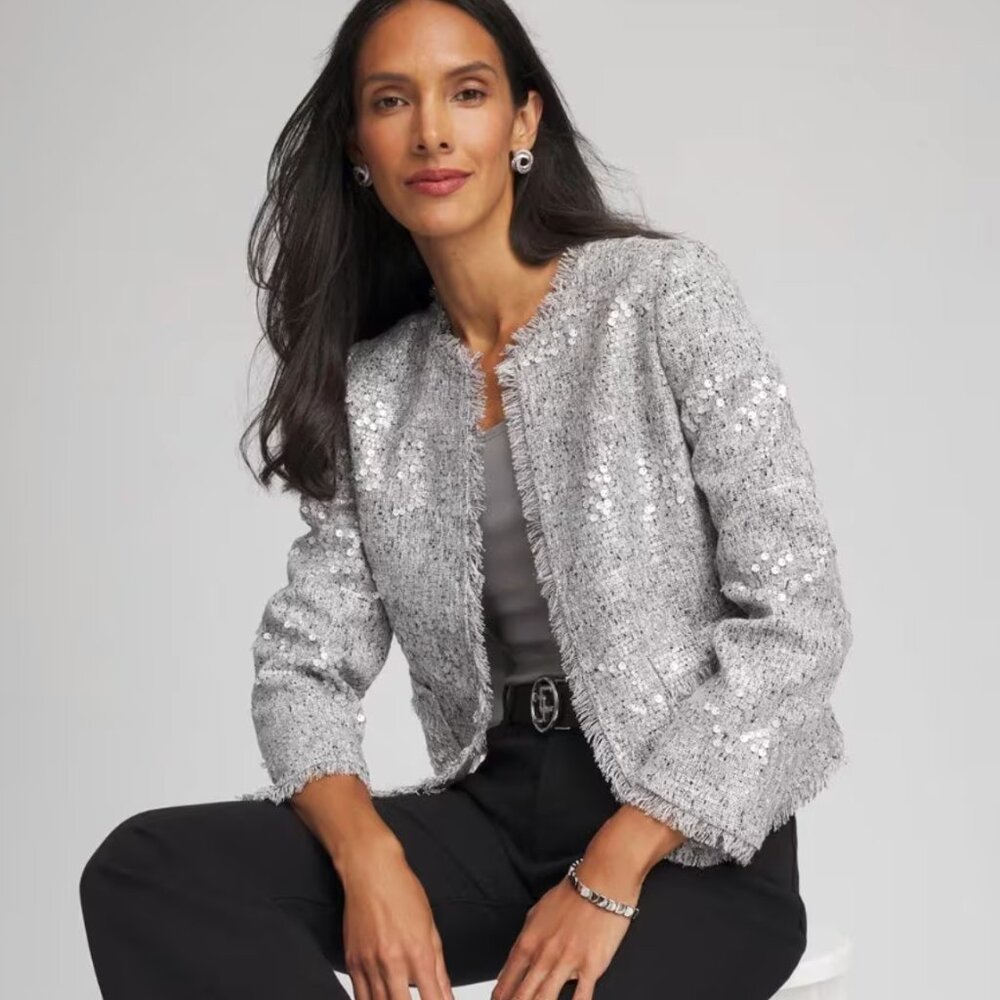 Silver Sequins Tweed Jacket, Chicos, NWT, size 0 (small)